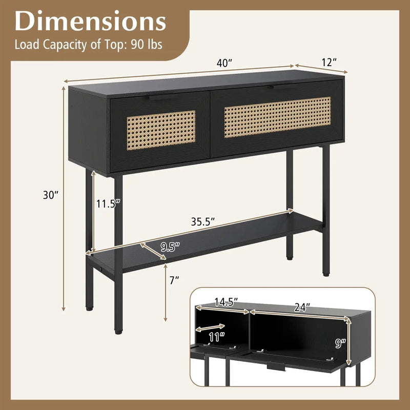 Rattan Console Table with 2 Storage Cabinets Shelf Carbon Steel Frame by DirectDeals