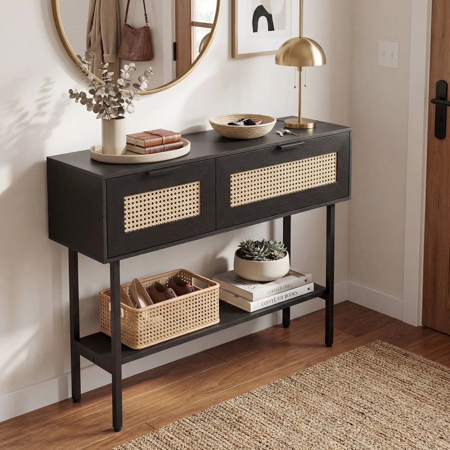 Rattan Console Table with 2 Storage Cabinets Shelf Carbon Steel Frame by DirectDeals