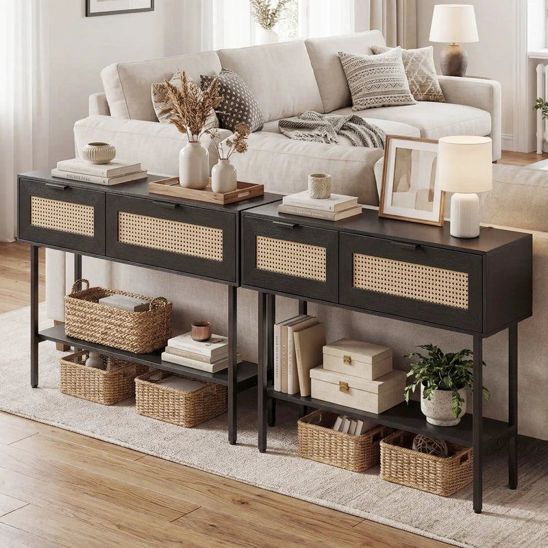Rattan Console Table with 2 Storage Cabinets Shelf Carbon Steel Frame by DirectDeals