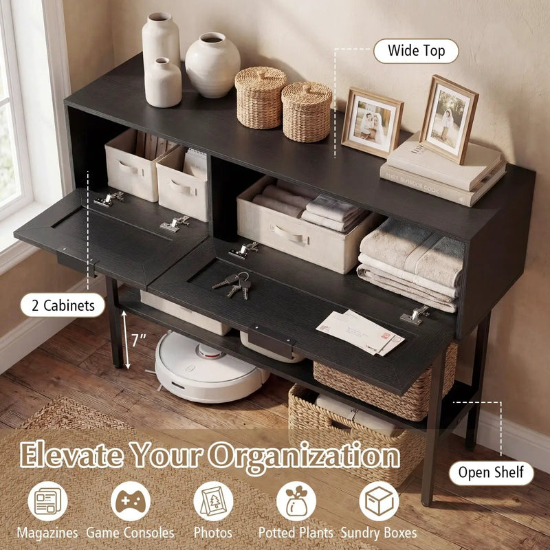 Rattan Console Table with 2 Storage Cabinets Shelf Carbon Steel Frame by DirectDeals