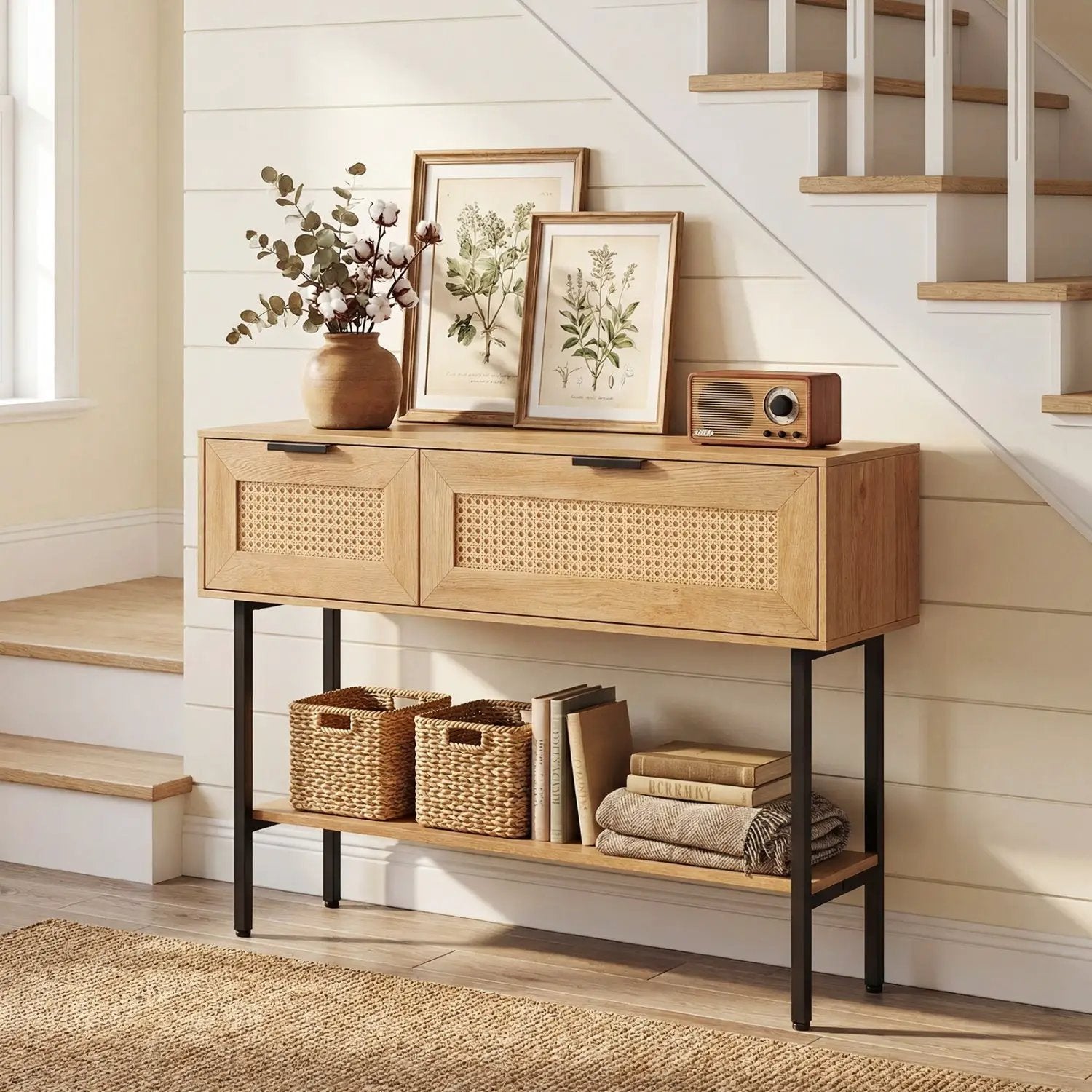 Rattan Console Table with 2 Storage Cabinets Shelf Carbon Steel Frame by DirectDeals