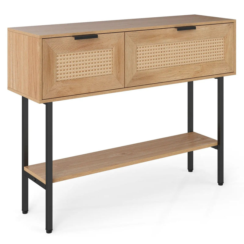 Rattan Console Table with 2 Storage Cabinets Shelf Carbon Steel Frame by DirectDeals