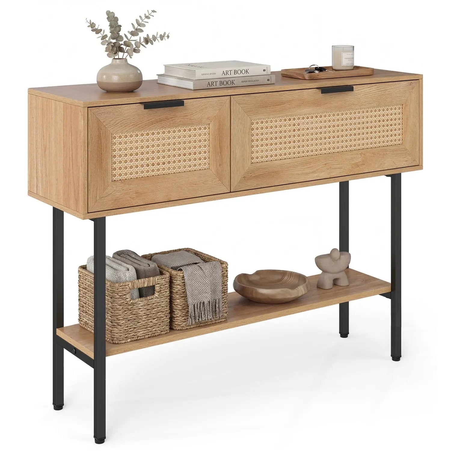 Rattan Console Table with 2 Storage Cabinets Shelf Carbon Steel Frame by DirectDeals