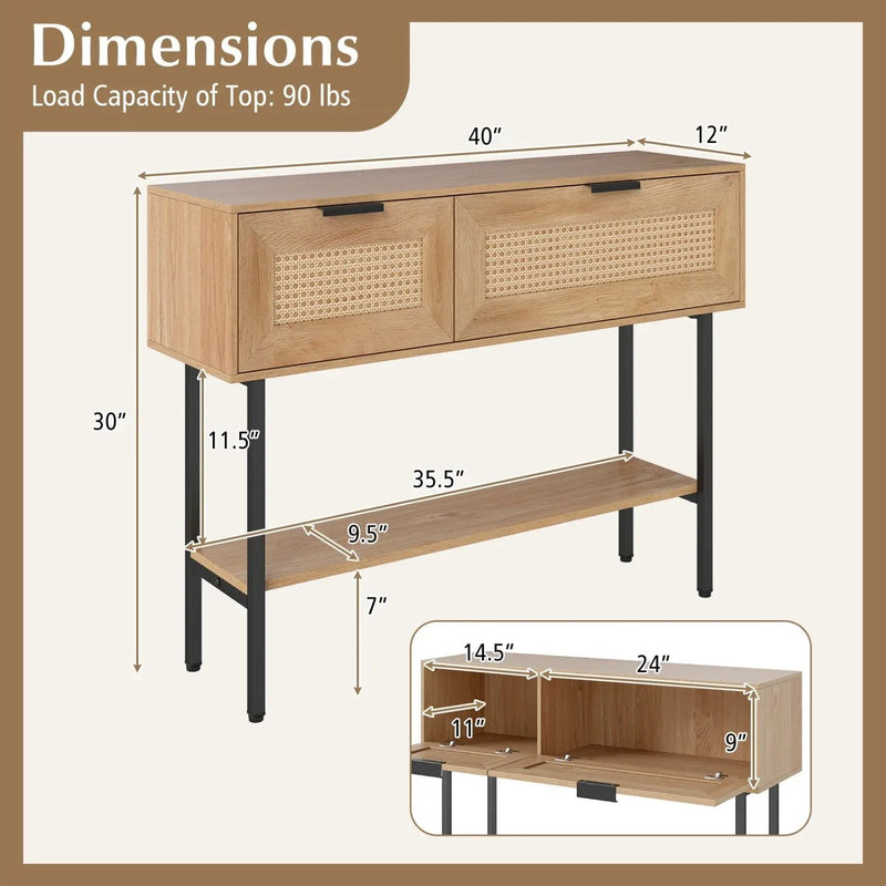 Rattan Console Table with 2 Storage Cabinets Shelf Carbon Steel Frame by DirectDeals