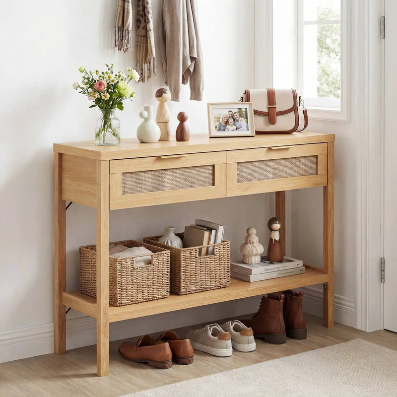 Rattan Console Table with 2 Drawers and Bottom Shelf by DirectDeals