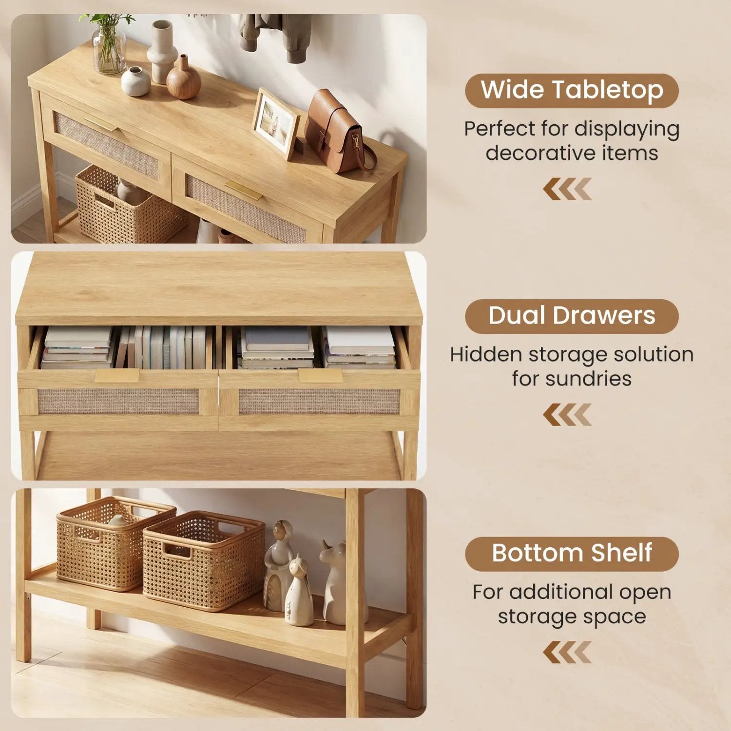 Rattan Console Table with 2 Drawers and Bottom Shelf by DirectDeals