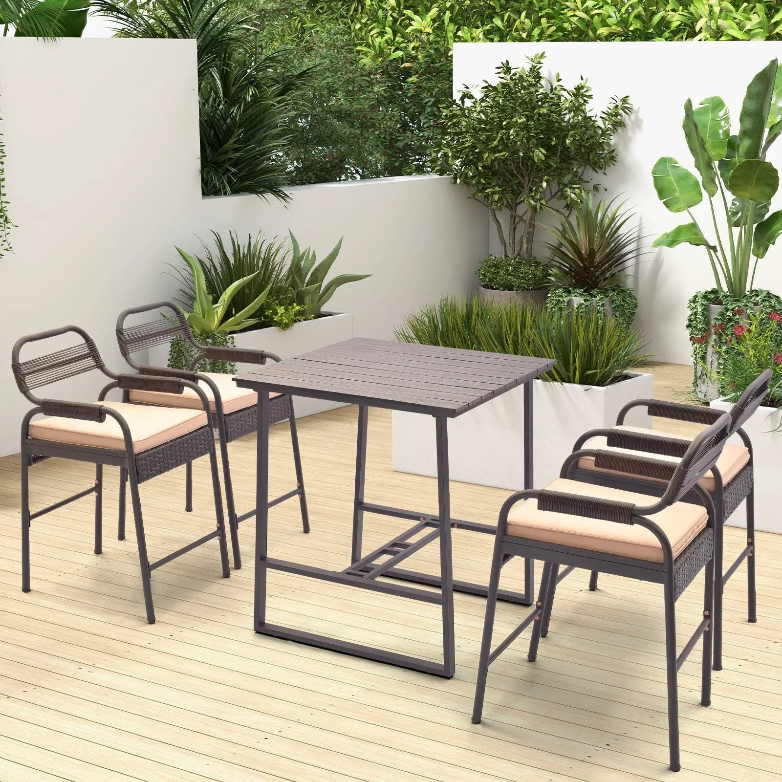 5 Piece Rattan Counter Set with 4 Stools and Polywood Bar Table-Brown by DirectDeals