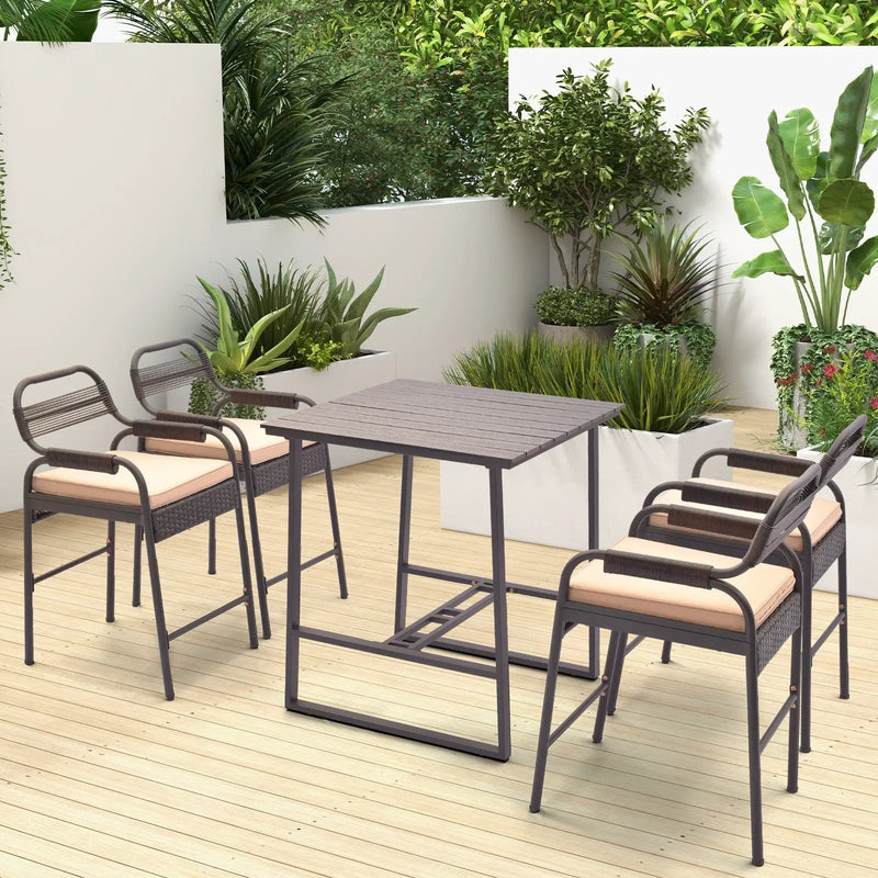 5 Piece Rattan Counter Set with 4 Stools and Polywood Bar Table-Brown by DirectDeals