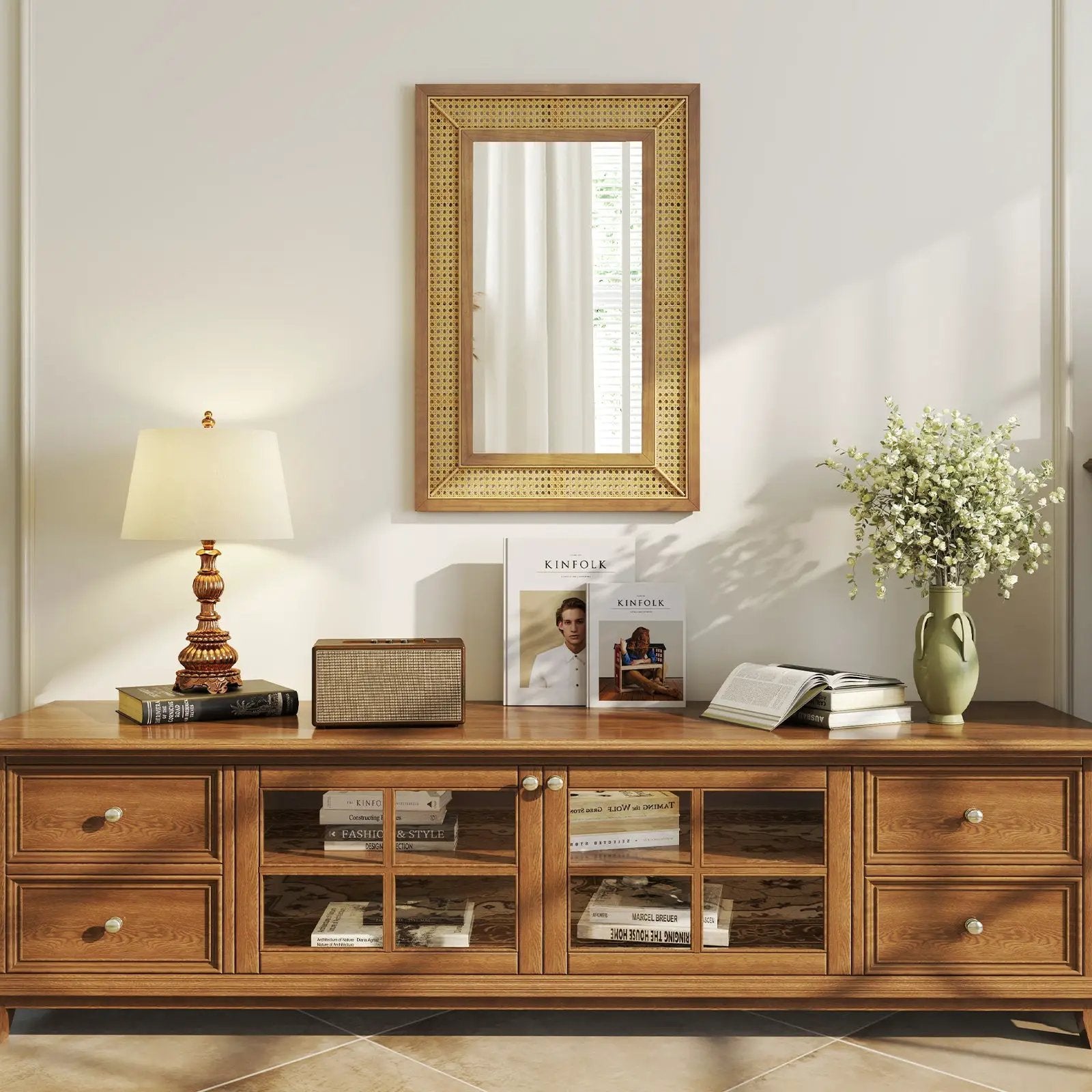 Rattan Decorative Wall Mirror with Wooden Frame for Bathroom and Living Room-Natural by DirectDeals