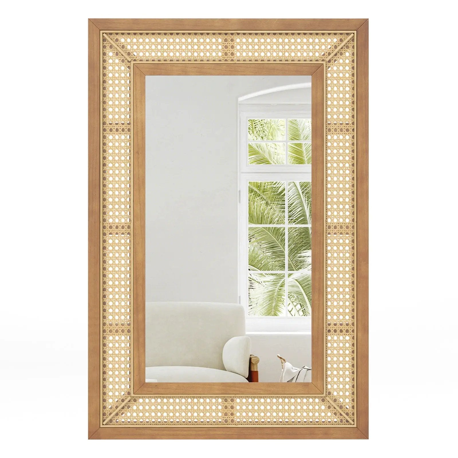 Rattan Decorative Wall Mirror with Wooden Frame for Bathroom and Living Room-Natural by DirectDeals