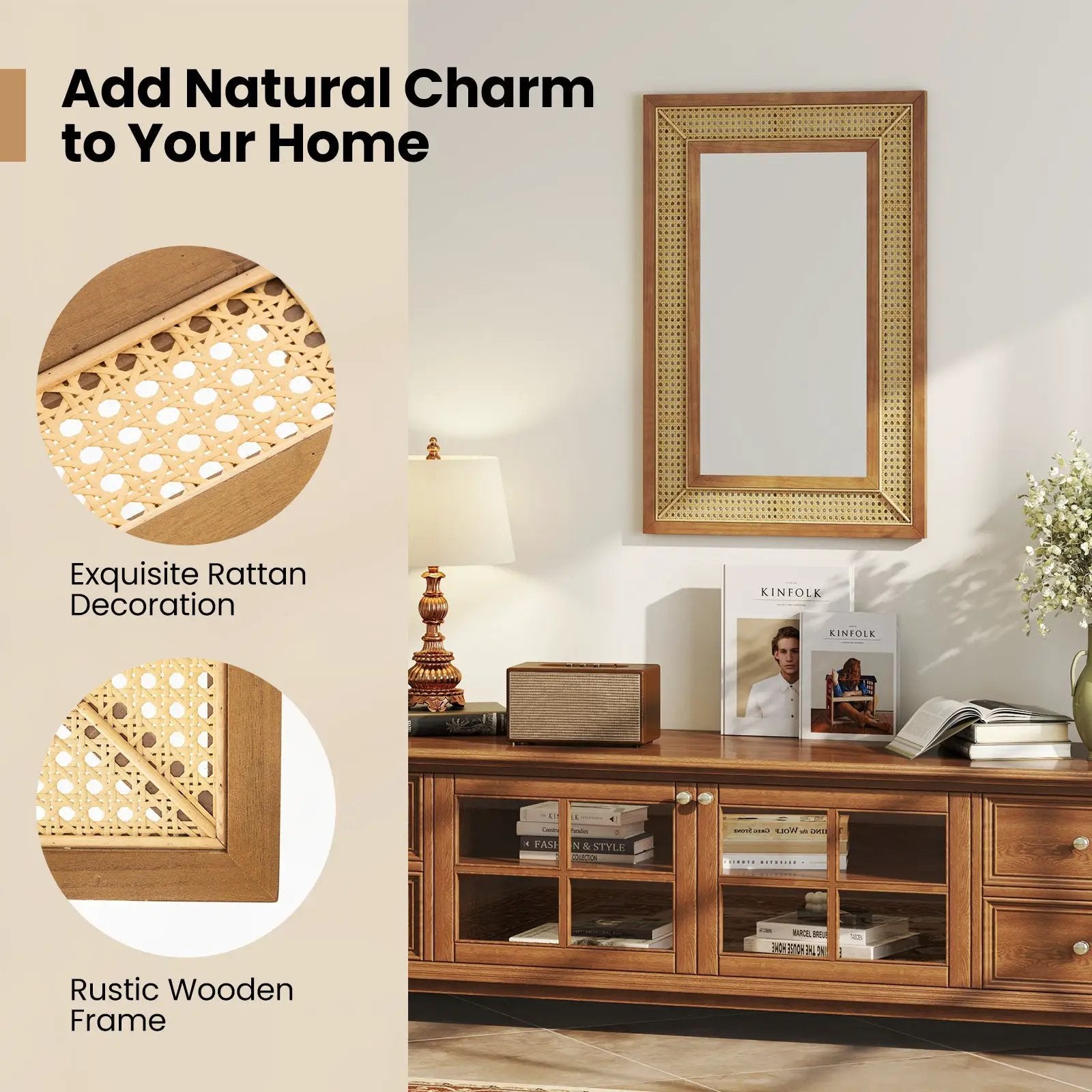 Rattan Decorative Wall Mirror with Wooden Frame for Bathroom and Living Room-Natural by DirectDeals