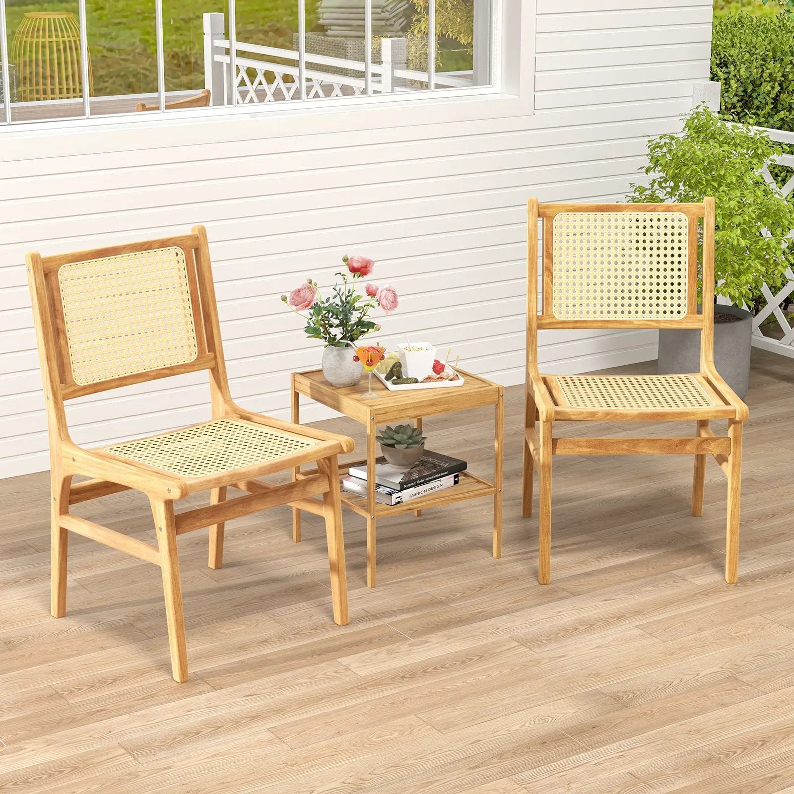 Rattan Dining Chair with Natural Cane Woven Backrest and Teak Wood Frame by DirectDeals