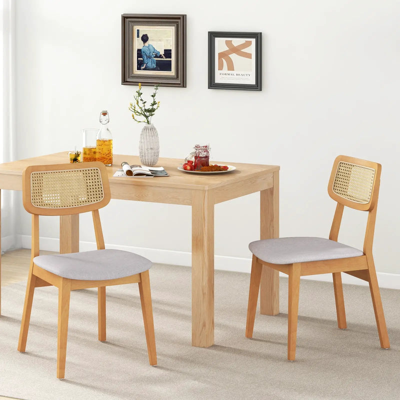 Rattan Dining Chair Set of 2 with Can Back and Rubber Wood Frame-Natural by DirectDeals