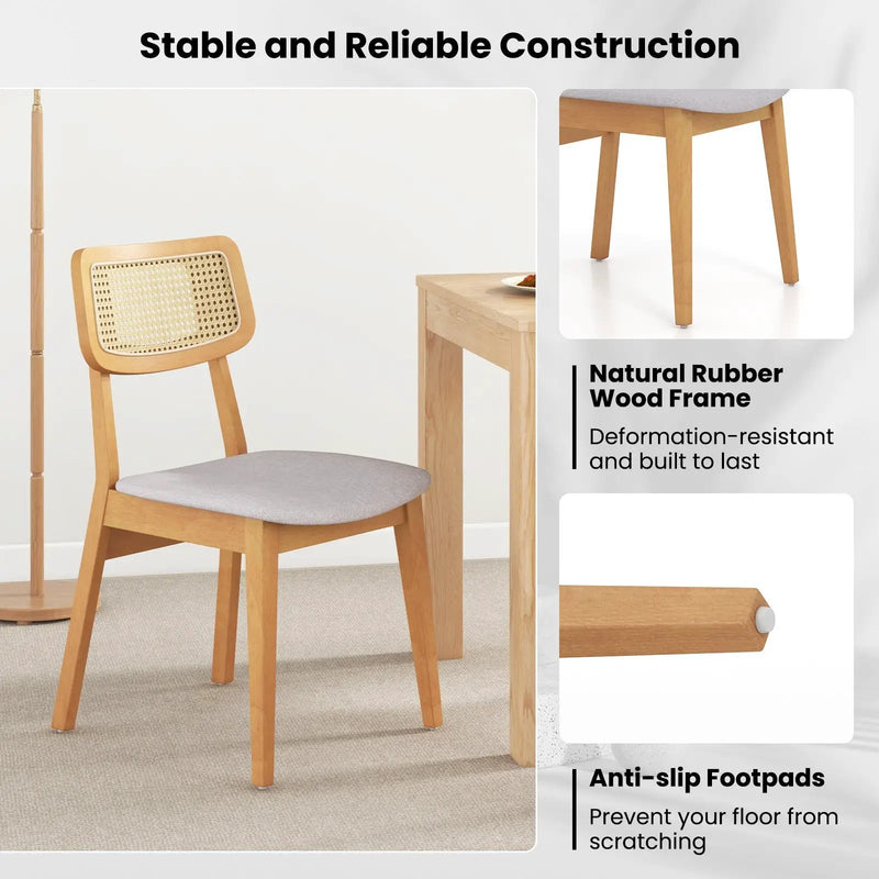 Rattan Dining Chair Set of 2 with Can Back and Rubber Wood Frame-Natural by DirectDeals