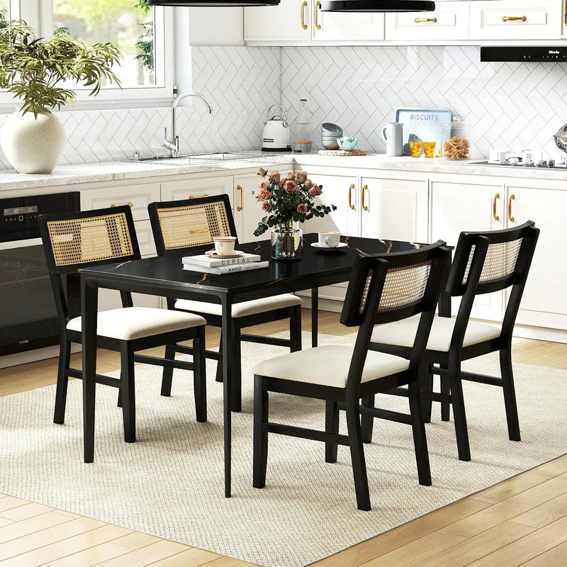 Rattan Dining Chairs Set of 4 Fabric Upholstered Kitchen Chairs with Padded Seat and Rubber Wood Legs-Black by DirectDeals