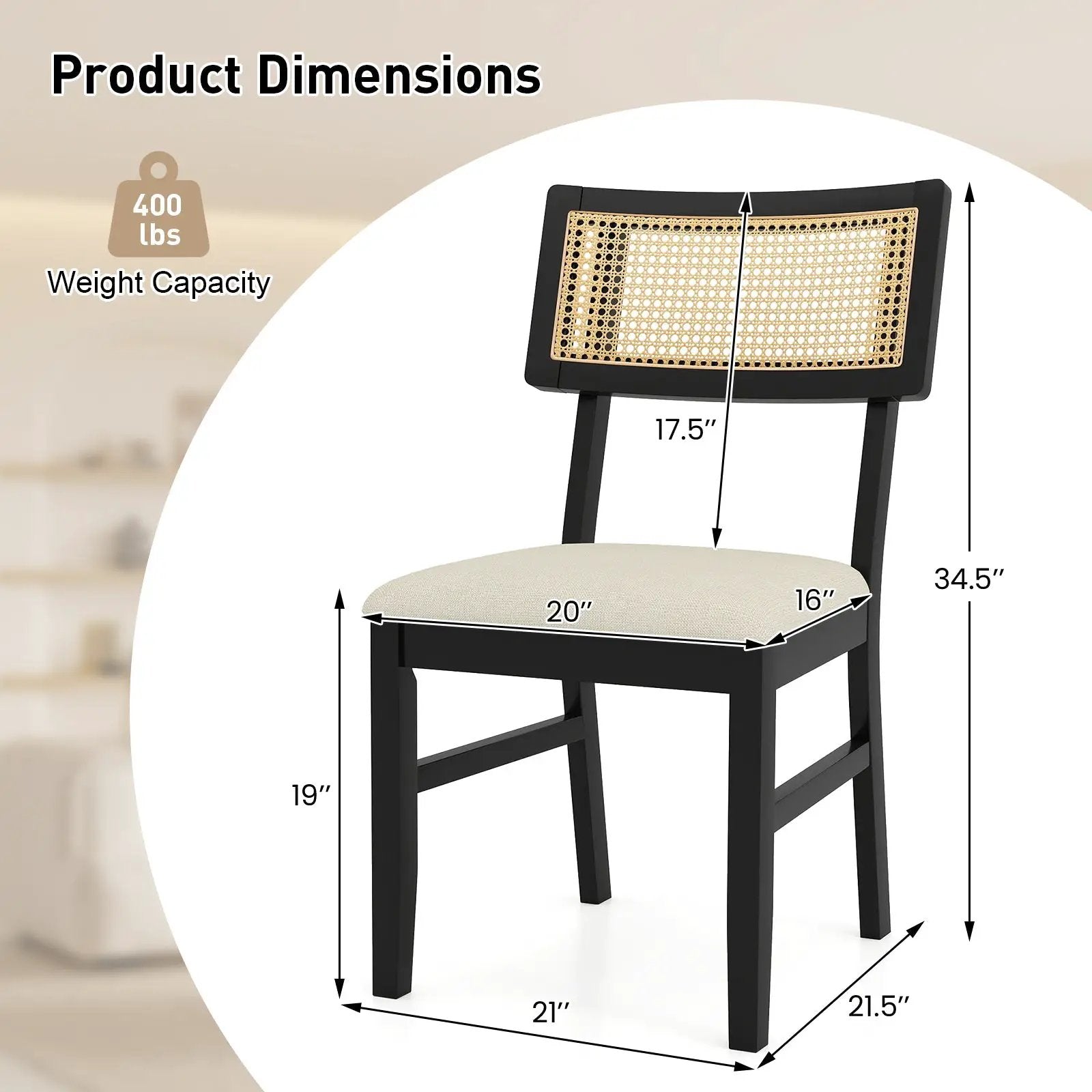 Rattan Dining Chairs Set of 4 Fabric Upholstered Kitchen Chairs with Padded Seat and Rubber Wood Legs-Black by DirectDeals