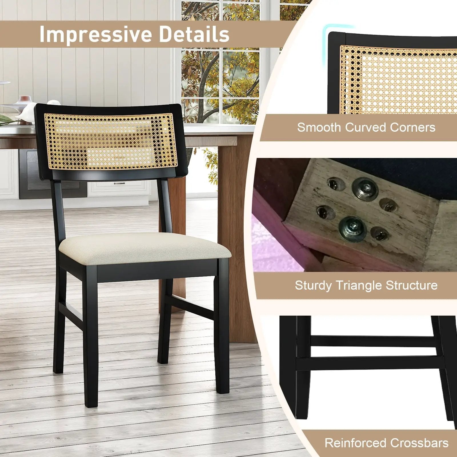 Rattan Dining Chairs Set of 4 Fabric Upholstered Kitchen Chairs with Padded Seat and Rubber Wood Legs-Black by DirectDeals