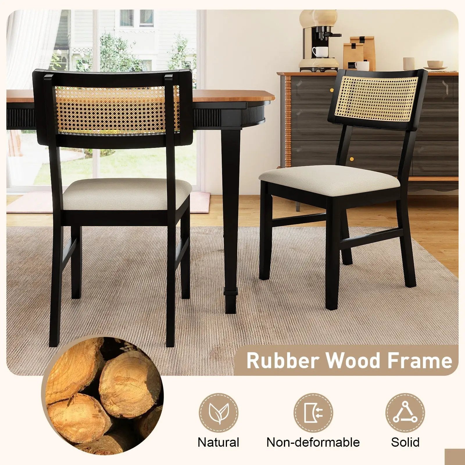 Rattan Dining Chairs Set of 2 Fabric Upholstered Kitchen Chairs with Padded Seat and Rubber Wood Legs-Black by DirectDeals