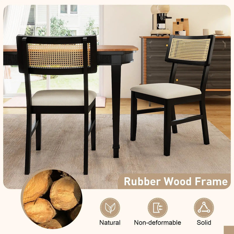 Rattan Dining Chairs Set of 2 Fabric Upholstered Kitchen Chairs with Padded Seat and Rubber Wood Legs-Black by DirectDeals