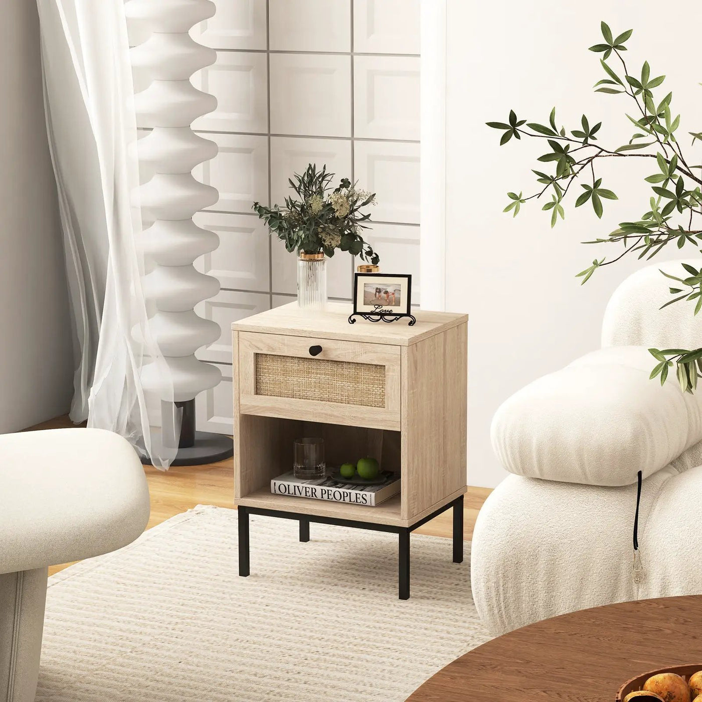 Rattan Nightstand Boho End Table with Rattan Drawer and Open Shelf by DirectDeals