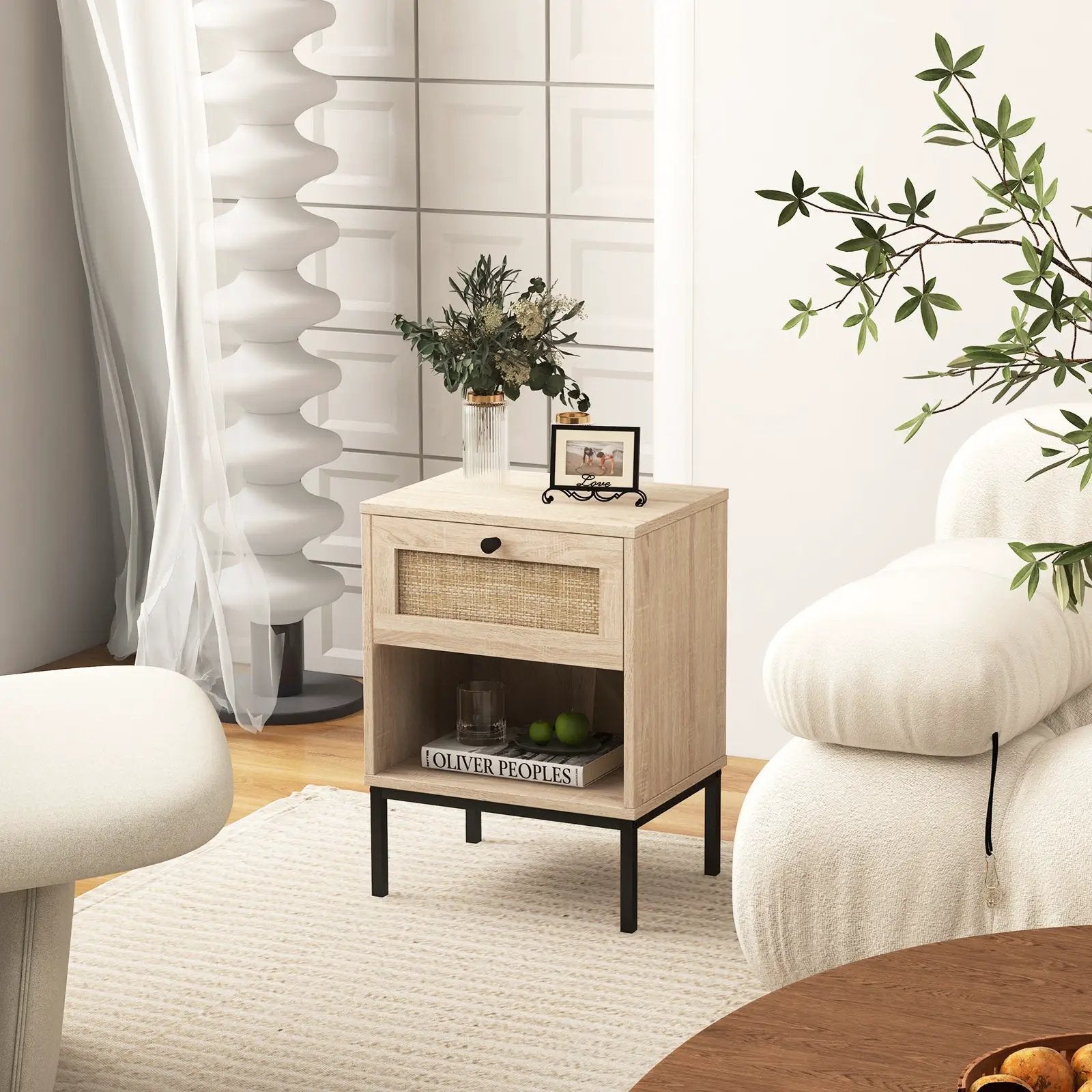 Rattan Nightstand Boho End Table with Rattan Drawer and Open Shelf by DirectDeals