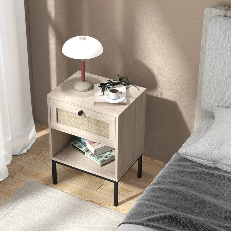 Rattan Nightstand Boho End Table with Rattan Drawer and Open Shelf by DirectDeals