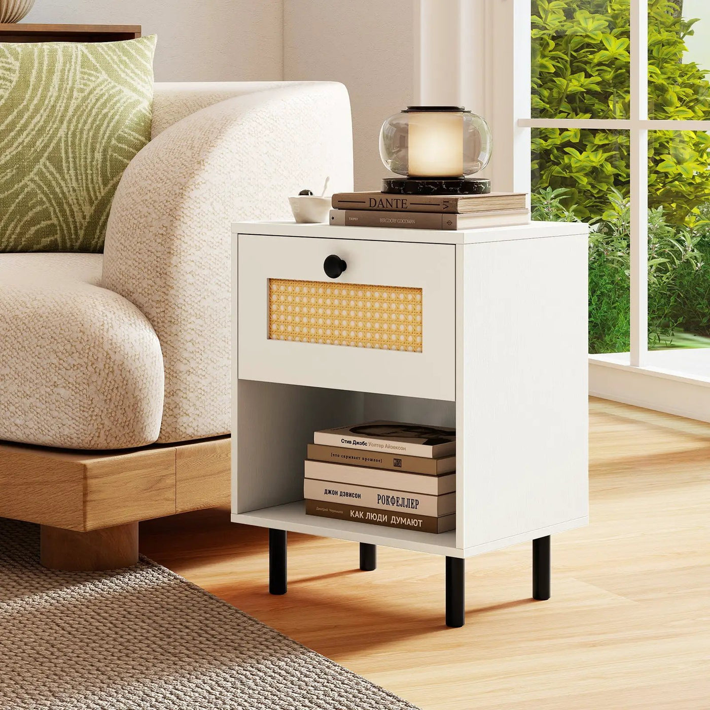Rattan Nightstand Boho End Table with Rattan Drawer and Open Shelf by DirectDeals
