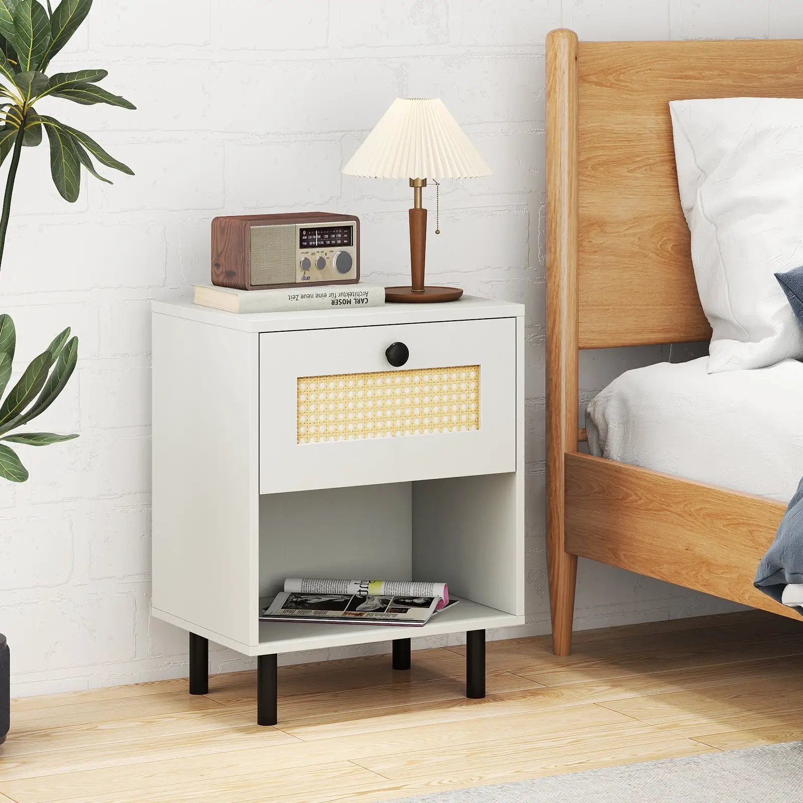 Rattan Nightstand Boho End Table with Rattan Drawer and Open Shelf by DirectDeals