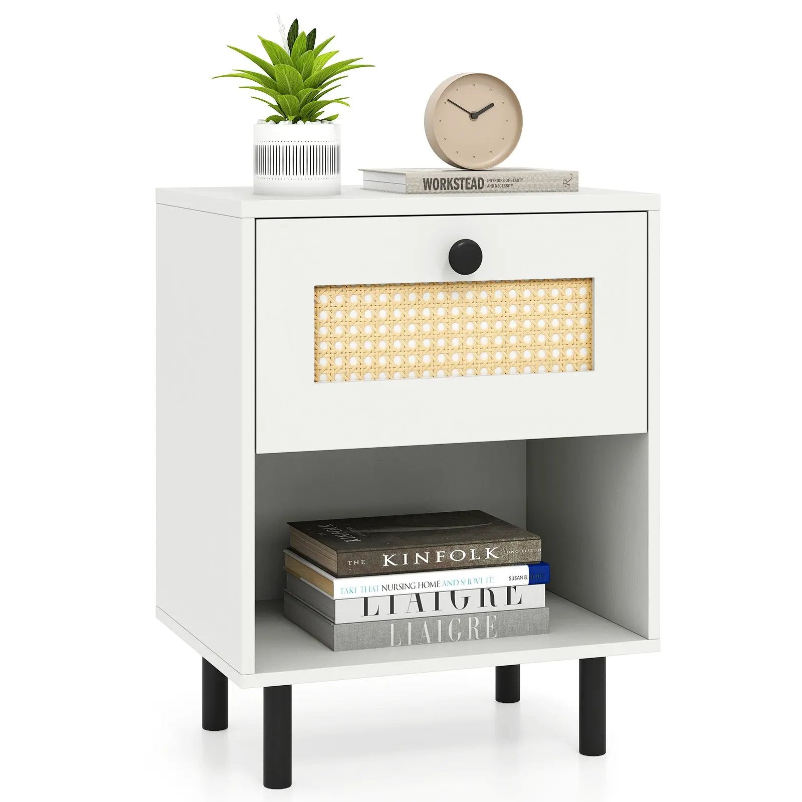 Rattan Nightstand Boho End Table with Rattan Drawer and Open Shelf by DirectDeals