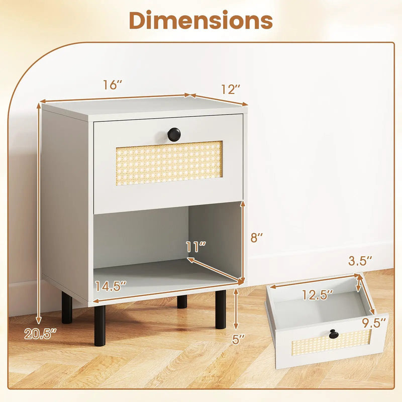 Rattan Nightstand Boho End Table with Rattan Drawer and Open Shelf by DirectDeals