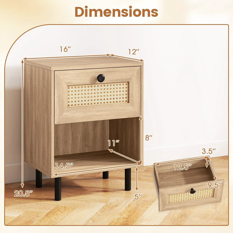 Rattan Nightstand Boho End Table with Rattan Drawer and Open Shelf by DirectDeals