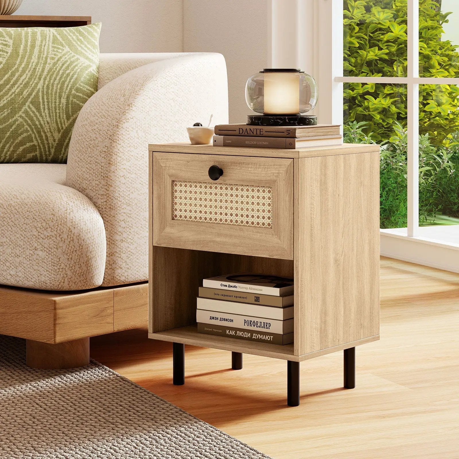 Rattan Nightstand Boho End Table with Rattan Drawer and Open Shelf by DirectDeals
