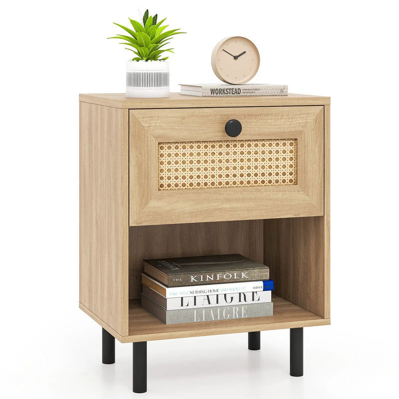 Rattan Nightstand Boho End Table with Rattan Drawer and Open Shelf by DirectDeals