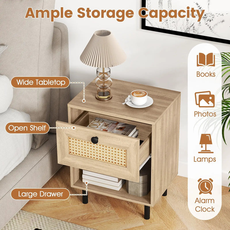 Rattan Nightstand Boho End Table with Rattan Drawer and Open Shelf by DirectDeals