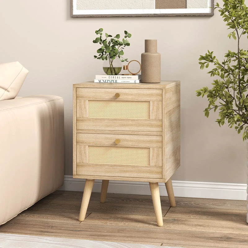 Rattan Nightstand Boho Accent Bedside Table with 2 Storage Drawers-Natural by DirectDeals