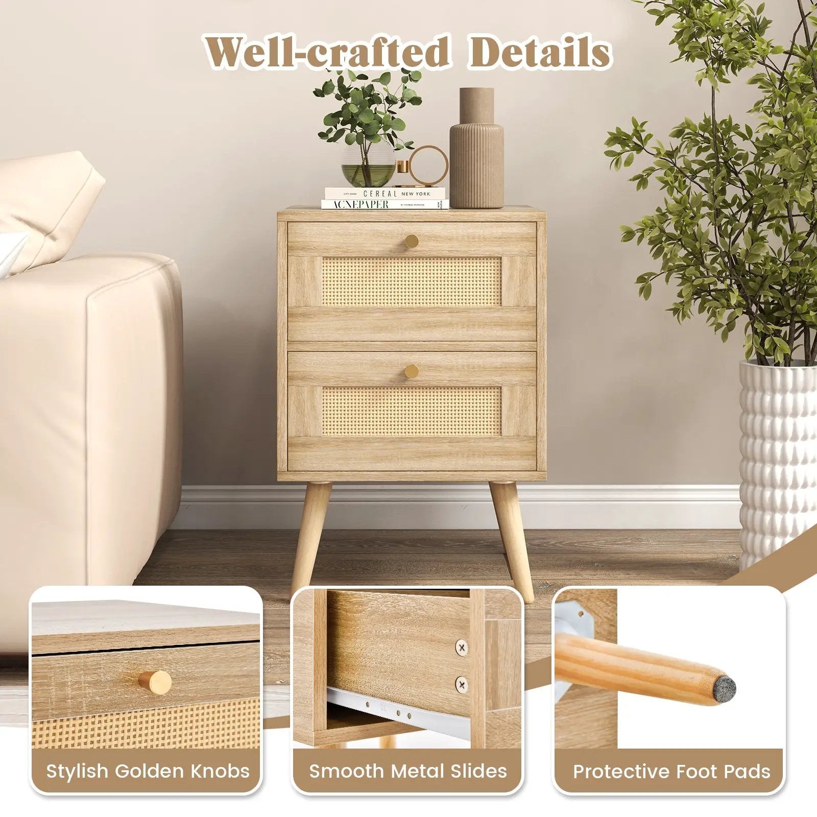 Rattan Nightstand Boho Accent Bedside Table with 2 Storage Drawers-Natural by DirectDeals