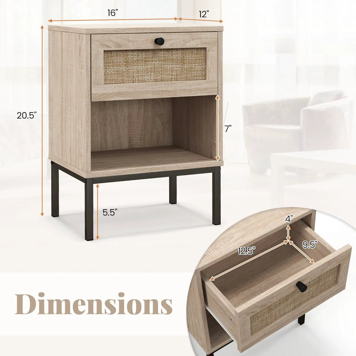 Rattan Nightstand Boho End Table with Rattan Drawer and Open Shelf Set of 2 by DirectDeals