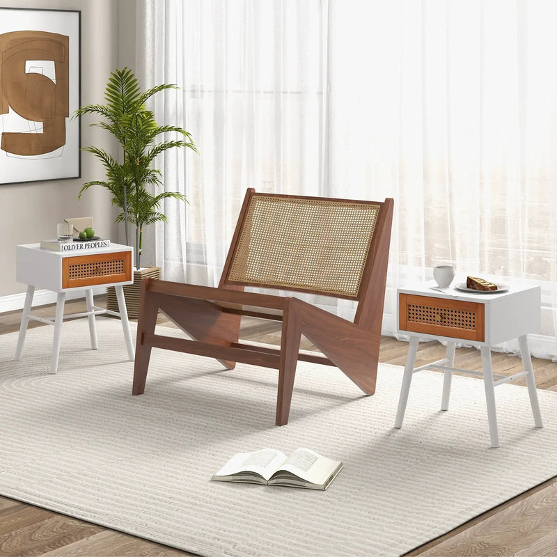 Rattan Nightstand Mid Century Modern Accent Table with Drawer-White by DirectDeals