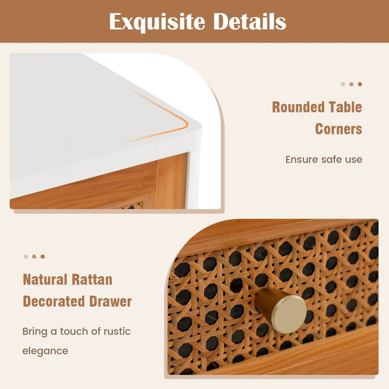 Rattan Nightstand Mid Century Modern Accent Table with Drawer-White by DirectDeals