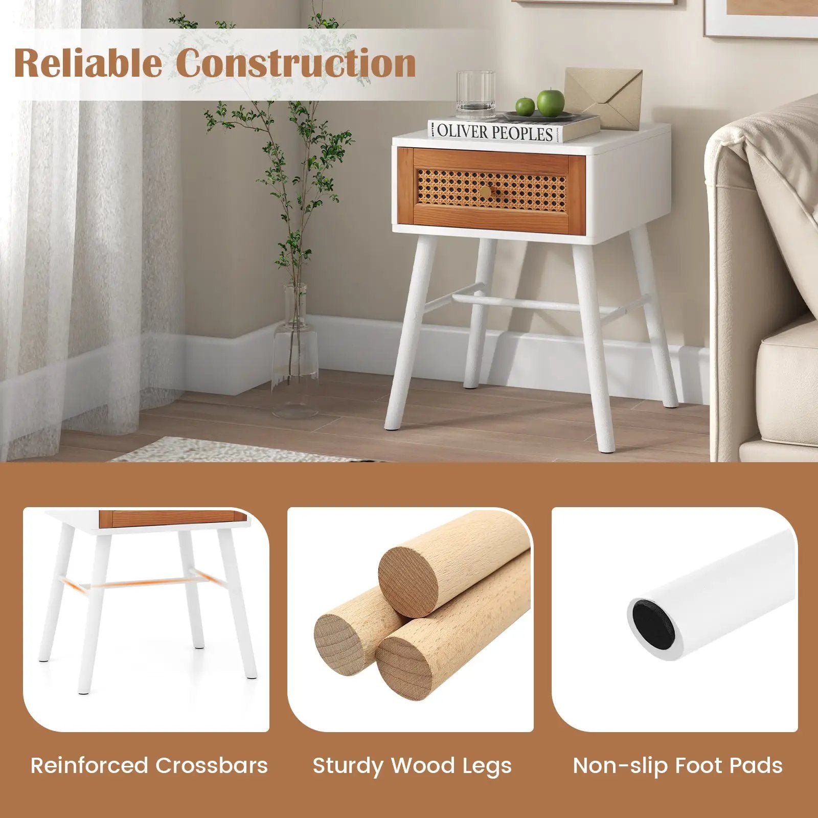 Rattan Nightstand Mid Century Modern Accent Table with Drawer-White by DirectDeals
