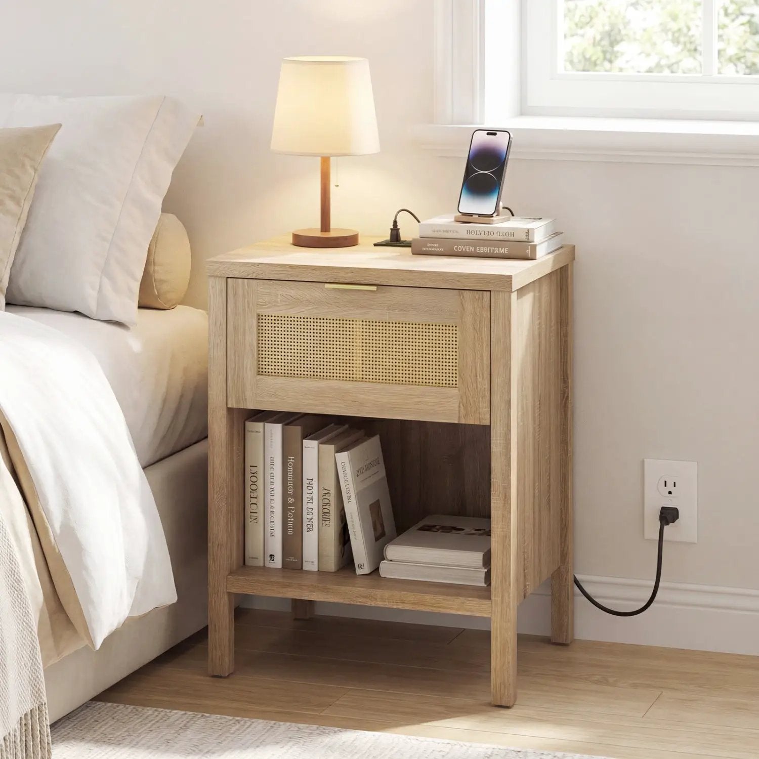 Rattan Nightstand with Charging Station and Storage Shelf for Bedroom by DirectDeals