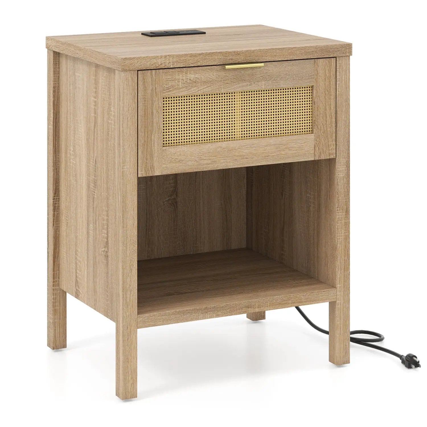 Rattan Nightstand with Charging Station and Storage Shelf for Bedroom by DirectDeals