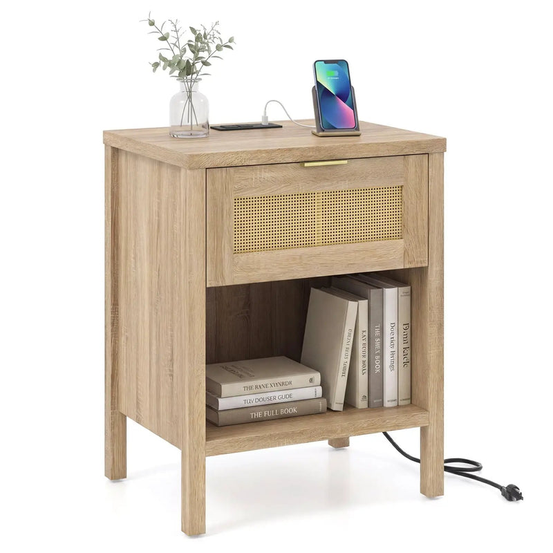 Rattan Nightstand with Charging Station and Storage Shelf for Bedroom by DirectDeals