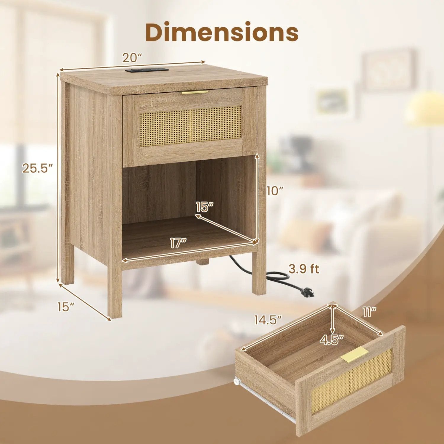 Rattan Nightstand with Charging Station and Storage Shelf for Bedroom by DirectDeals