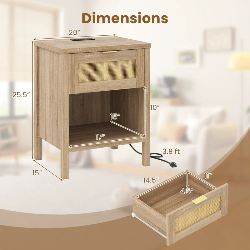 Rattan Nightstand with Charging Station and Storage Shelf for Bedroom by DirectDeals
