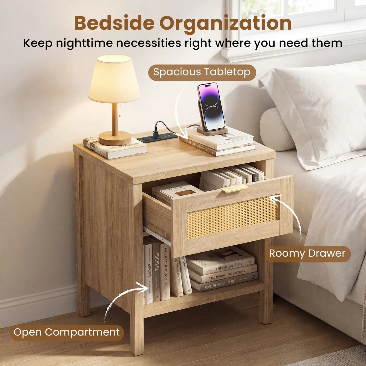 Rattan Nightstand with Charging Station and Storage Shelf for Bedroom by DirectDeals