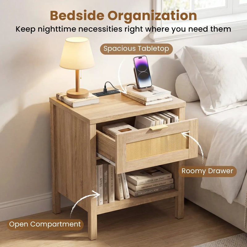 Rattan Nightstand with Charging Station and Storage Shelf for Bedroom by DirectDeals