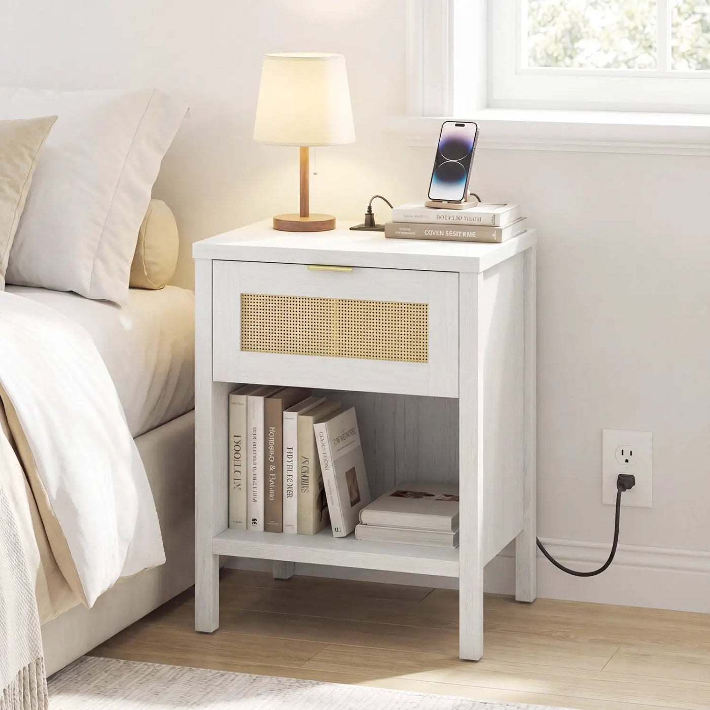 Rattan Nightstand with Charging Station and Storage Shelf for Bedroom by DirectDeals