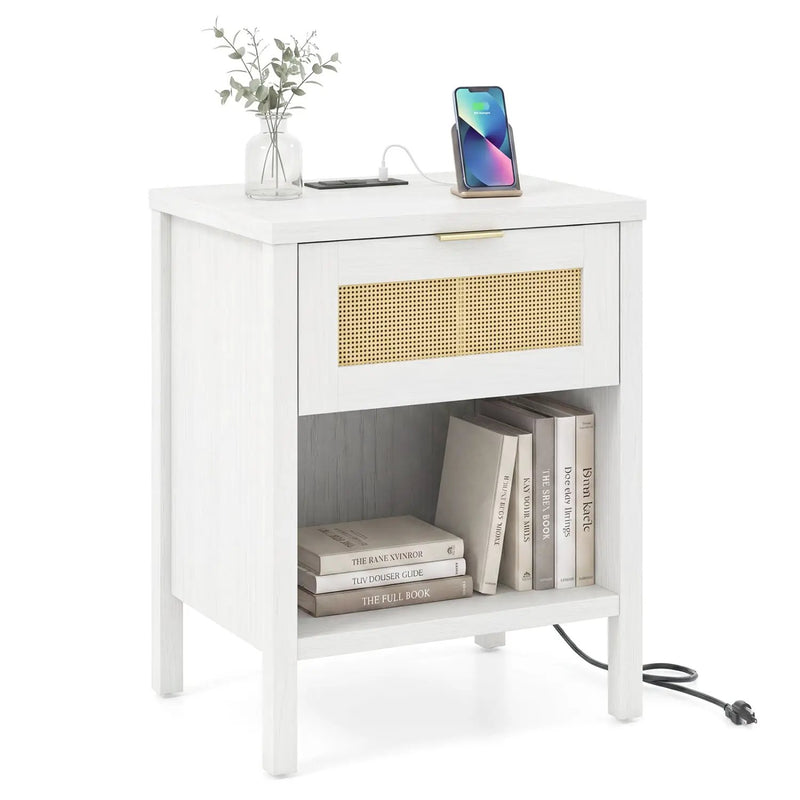Rattan Nightstand with Charging Station and Storage Shelf for Bedroom by DirectDeals
