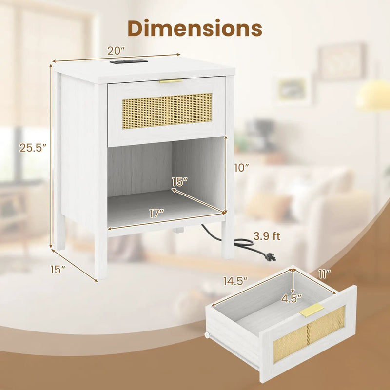 Rattan Nightstand with Charging Station and Storage Shelf for Bedroom by DirectDeals